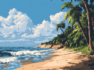 Tropical island paradise with palm trees on a sandy beach, clear ocean water, and a sunny sky perfect for a summer vacation