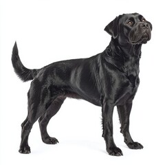 Obraz premium Full-body image of a black dog standing on a plain white background showcasing a muscular stance and alert expression, high detail and clear focus
