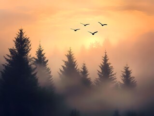 A beautiful orange sunset illuminates the serene mountain landscape as birds fly across the sky, their silhouettes against the vibrant evening clouds