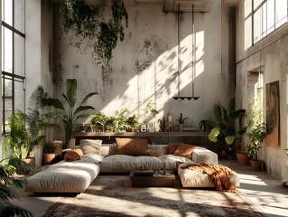 Modern indoor living room with a fireplace, comfortable sofa, and elegant furniture design