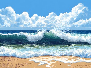 Tropical summer waves crash on the sandy beach under a blue sky, meeting the horizon where the ocean stretches out