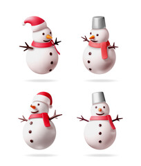 Four cute 3D snowmen with red scarf and hat or bucket on head. Christmas and New Year holiday symbols. Winter season character design.