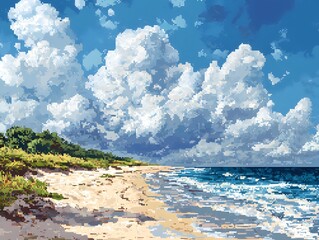 Tropical blue sky beach landscape with summer waves and white sand