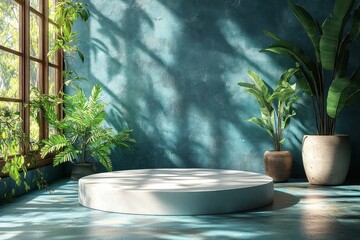 Stylish teal room showcasing a circular display podium.