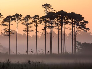 Beautiful nature landscape of sunrise over the lake and river with silhouette trees and orange sky