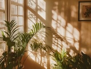 Indoor garden window with potted plants and tropical flowers