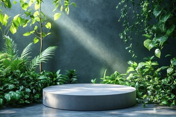 Empty round pedestal surrounded by lush greenery and sunlight.