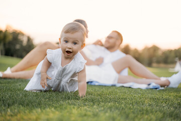 Curious baby girl crawling on green grass during family picnic