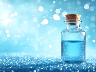 Isolated glass bottles of perfume, water, and essential oils on a clean white and blue background convey beauty, health, and aromatherapy