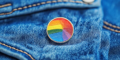 Close-up of a rainbow pride pin with embroidered rainbow colors on blue denim fabric