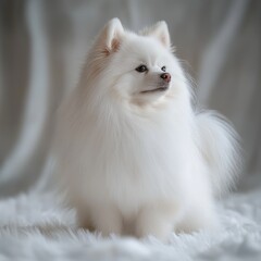 Fototapeta premium Elegant white fluffy dog sitting on a soft white fur rug with a blurred light gray background in a professional studio setting, showcasing purity beauty and friendly temperament