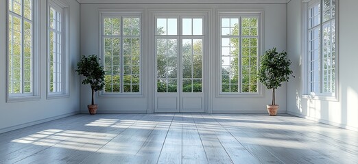 Spacious white interior with large windows and greenery.
