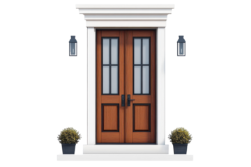 Double wood door frame elegant entrance dark lanterns potted plants step on transparent background