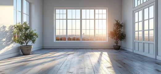 Empty sun-drenched interior with large windows.