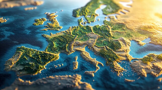 Detailed topographic map of europe highlighting terrain features and geographic landmarks