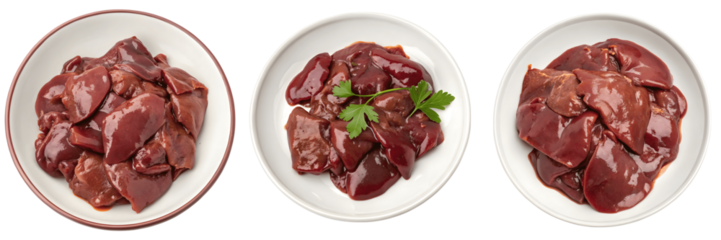 Set For Fresh raw beef liver pieces on plates isolated on transparent background