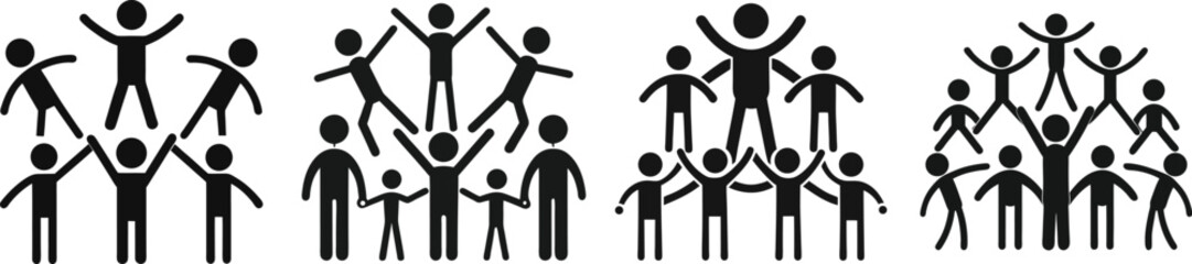 Black and white vector silhouettes of people, family, and business icons against a background of grass and flowers