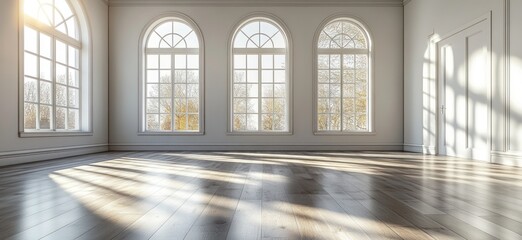 Spacious room with large arched windows and sunlight.