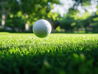 Obraz premium Golf ball in mid-air above lush green grass in sunny environment