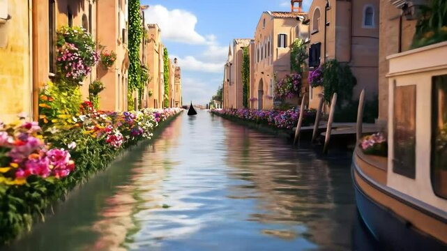 Canal scene in a vibrant Italian city, lined with colorful flowers and buildings, a boat glides through the water