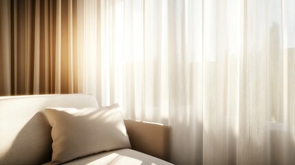 Soft sunlight streams through sheer curtains illuminating a cozy room.
