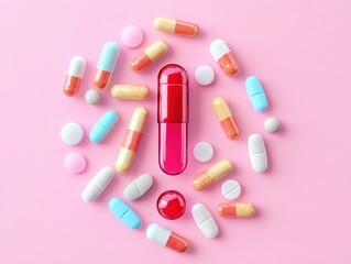 Colorful assortment of pills and capsules arranged on a pink background