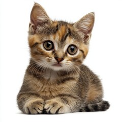 Obraz premium Adorable young tabby kitten with striking large eyes and soft fur, sitting calmly on a white background, showcasing curiosity and playful innocence in close-up