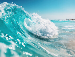 Fototapeta premium Stunning turquoise wave crashing on a serene beach at midday