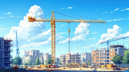 Fototapeta premium Urban construction site with tower cranes and buildings under a clear blue sky