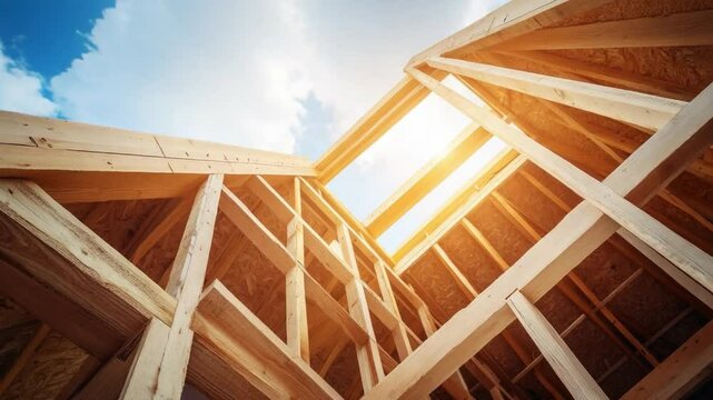 Construction Framework: The framework of a new home rises towards the sky, a symphony of timber and light. Golden rays illuminate the structure, showcasing the beauty of the architectural design.