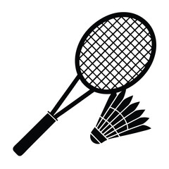 Black and White Badminton Racket and Shuttlecock Illustration on White Background