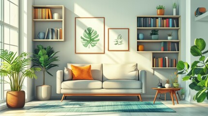 Bright mid-century modern living room with greenery and cozy sofa in sunlit space