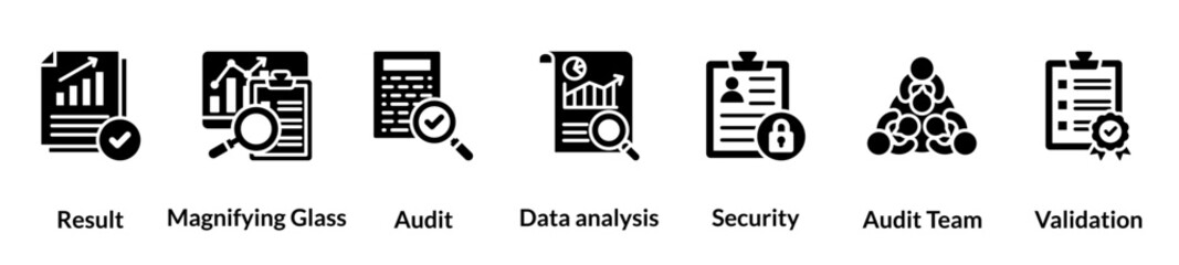 Audit glyph icon set. result, magnifying glass, audit, data analysis, security, audit team, validation