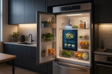 Smart refrigerator showing recipes and food preservation in modern kitchen