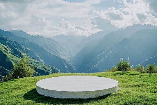 Fototapeta Circular grass podium offers panoramic mountain views on a serene hilltop during a clear day with soft sunlight enhancing the natural landscape