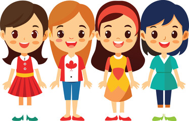 Diverse group of cheerful cartoon children and adults having fun together