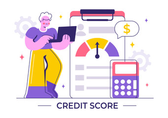 Credit Score Vector Illustration with a Loan Arrow Gauge Speedometer Indicator Displaying Ratings from Poor to Good in a Flat Style Background