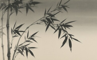 Obraz premium Traditional Ink-Wash Painting of Bamboo Leaves on Gradient Background – Zen Tranquil Art