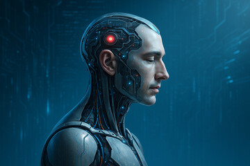 AI generated image of a male android with a humanlike face and glowing circuits, shown in profile with a cybernetic background representing intelligent digital processing.