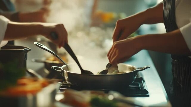 Professional chefs team preparing a delicious dish in a modern restaurant kitchen
