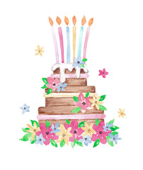 Happy Birthday card design. Hand drawn cake with candles and flowers. Watercolor illustration. Bright colorful clip art for greeting card, banner, invitation