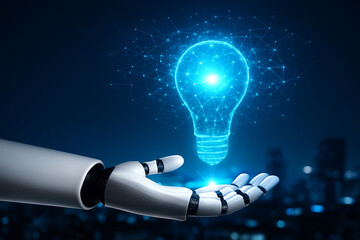 AI generated image of a robotic hand presenting a glowing digital light bulb symbolizing artificial intelligence creativity and futuristic innovation over a night city backdrop