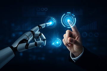AI generated image of human and robotic hands interacting with glowing holographic dashboard symbolizing future collaboration technology intelligence and data control