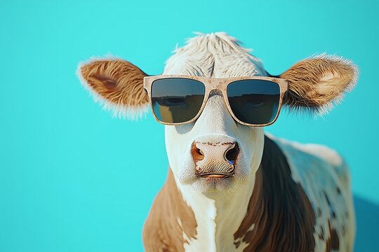 Surreal portrait of a cow wearing sunglasses against a vibrant blue background showcases playful creativity in animal art using generative AI techniques