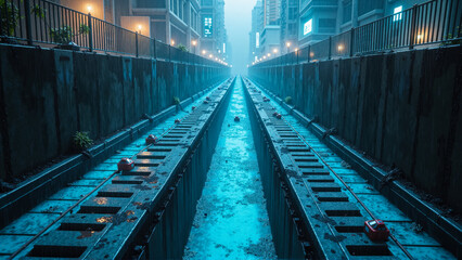 Urban landscape featuring a narrow alleyway with rain-soaked pavement, illuminated by soft lights, creating a mysterious atmosphere in a futuristic city setting
