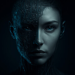 AI generated futuristic portrait of a humanoid with half-human half-machine face, blending emotion and digital complexity in a sci-fi cybernetic theme