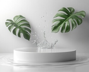 Floating leaves above a circular podium with water splash.