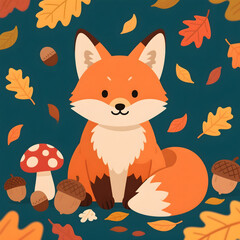 Obraz premium illustration of a cute fox sitting in a warm autumn forest with falling leaves, mushrooms, and acorns in seasonal colors