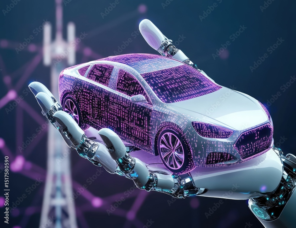 Fototapete A robot hand holding an icon of the silhouette of a car, on a purple background with binary code all over it.