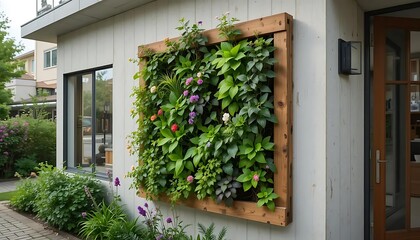 Fototapeta premium Vertical garden wall in wooden frame